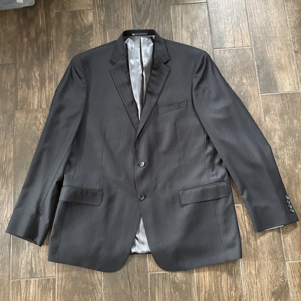 Hart Schaffner Marx Blazer Men 48L Charcoal Pinstripe 100% Worsted Wool USA NWT